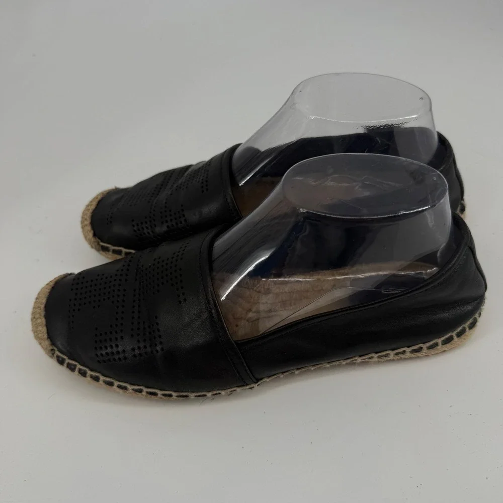 Tory Burch Ines Perforated Logo Espadrille Flats Size 7.5 Black Leather Jute